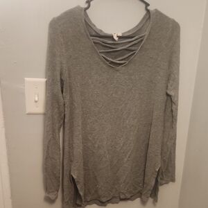 Gray Ribbed V-neck Long Sleeve Women's Top